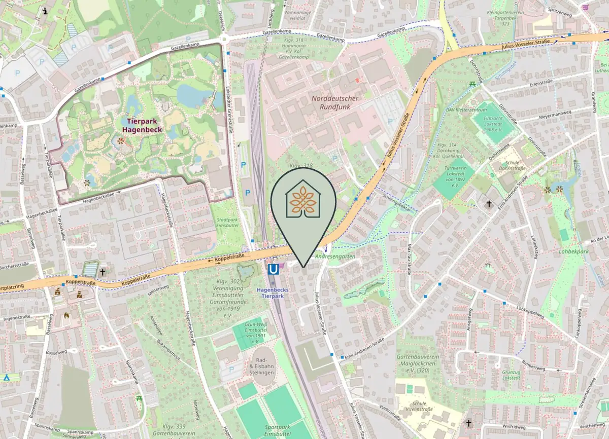 Karte: Lokstedter Höhe 7 in Hamburg-Lokstedt, mit Tierpark Hagenbeck, U-Bahn-Station und Sportanlagen