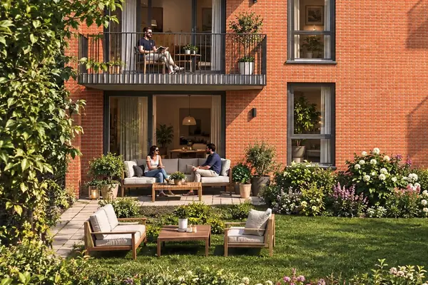 Terrasse im Erdgeschoss und Balkon darüber, zur Gartenseite